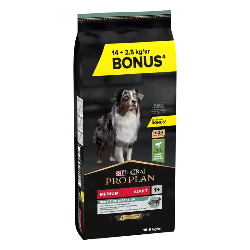14 + 2,5 kg på köpet! 16,5 kg PURINA PRO PLAN - Medium Adult Sensitive Digestion lamm & ris Rabatt