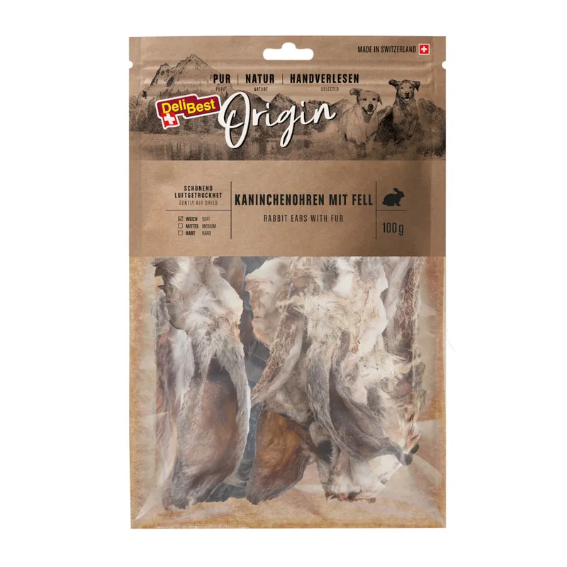 DeliBest Origin kaninöron med päls - 100 g Snabb frakt