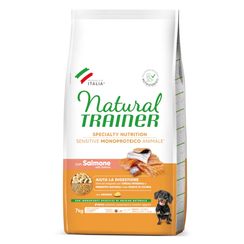I lager Natural Trainer Sensitive Adult Small & Toy med lax - Ekonomipack 2 x 7 kg