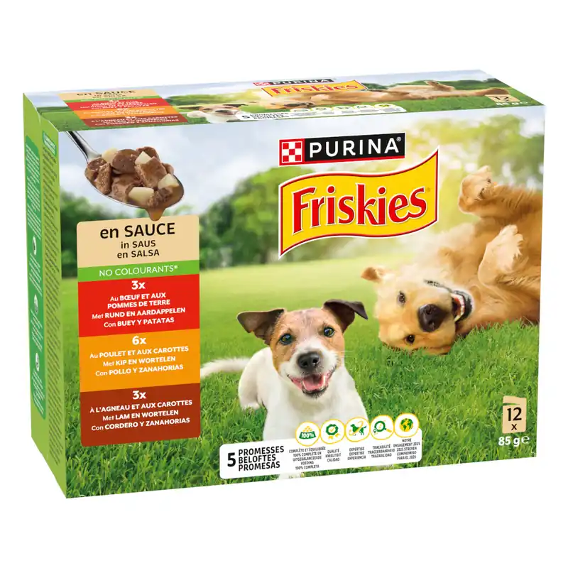 PURINA Friskies Adult i sås med nötkött, kyckling och lamm - 12 x 85 g Rabatter