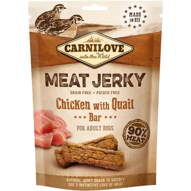 I lager Jerky Chicken with Quail Bar 100 g - Hund - Hundgodis - Träningsgodis & belöningsgodis - Carnilove - ZOO.se
