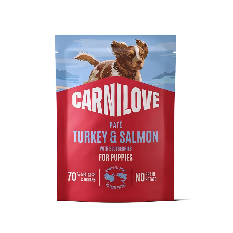 Begränsat erbjudande Carnilove Dog Pouch Paté Turkey & Salmon with Blueberries for Puppies - 300 g