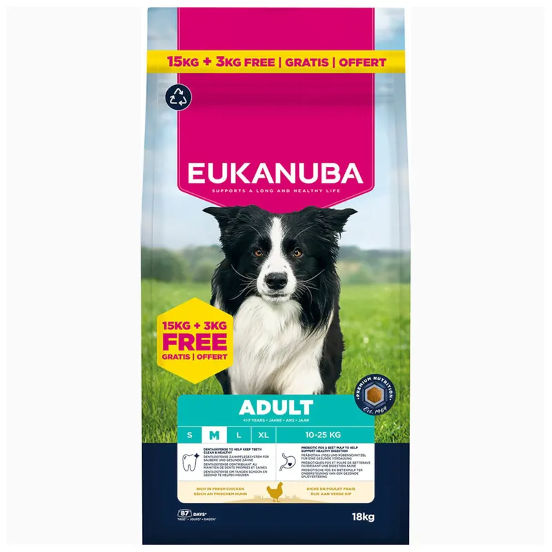 15 + 3 kg på köpet! 18 kg Eukanuba Premium Nutrition - Adult Medium Breed kyckling Begränsat erbjudande