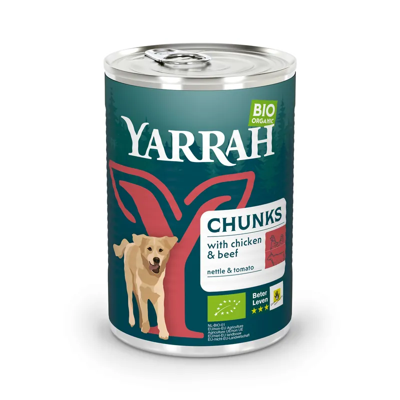 Populär Yarrah Ekologisk Chunks med ekologisk kyckling & ekologiskt nötkött - Ekonomipack 12 x 405 g