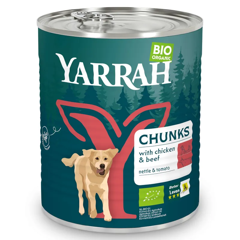 Yarrah Ekologisk Chunks med ekologisk kyckling & ekologiskt nötkött - Ekonomipack 12 x 820 g Beställ nu