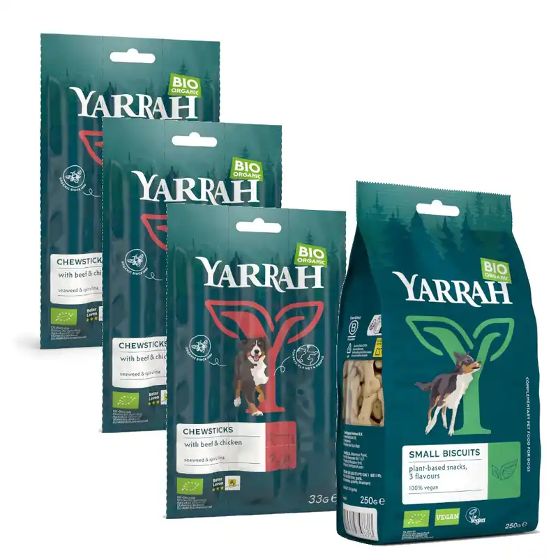 Säker betalning Blandpack 2 sorters Yarrah Ekologiskt hundgodis - 250 g kex + 3 x 33 g tuggpinnar